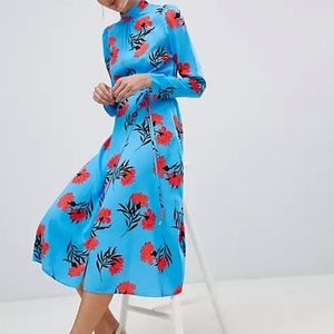 River Island floral print high neck midi dress in blue and red. 10 UK/4 or 6 US